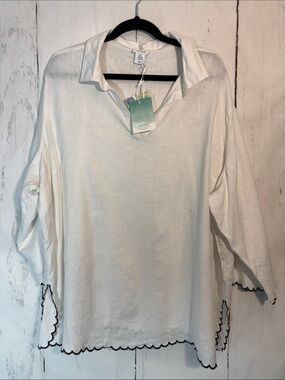 Sigrid Olsen linen White Collared V-Neck Tunic with Scallop Trim